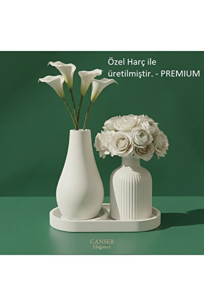 CANSEB Elegance Üçlü Dekoratif Pampas Çiçek Vazosu Seti 13CM - 10CM - 17CM Tepsi
