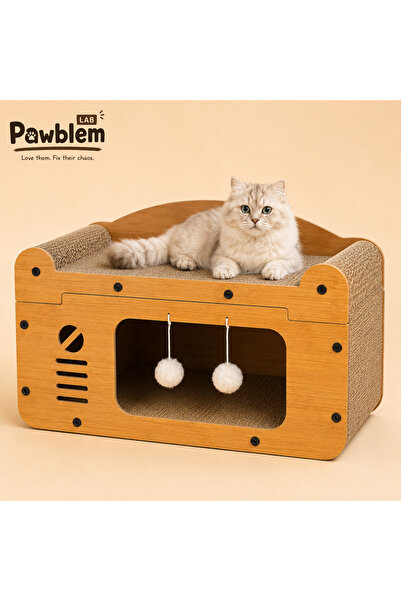 Pawblem Lab Ahşap Tek Katlı Tırmalamalı Evcil Hayvan Oyun Evi