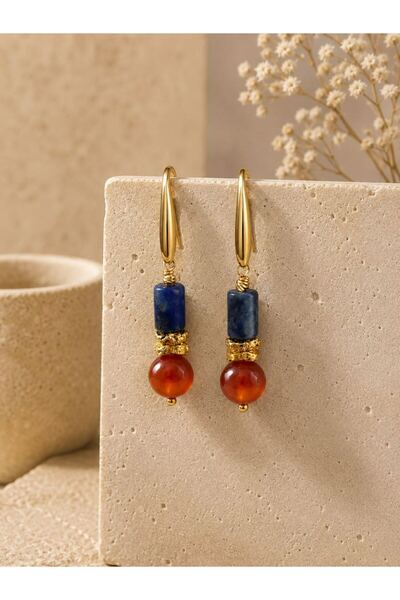 Home Lapis and Agate Stone Steel Earrings |   Natural Stone Dangle Earrings