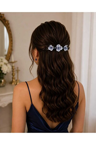 Pretty Gece Mavisi Kristal Çiçekli Gelin Saç Aksesuarı