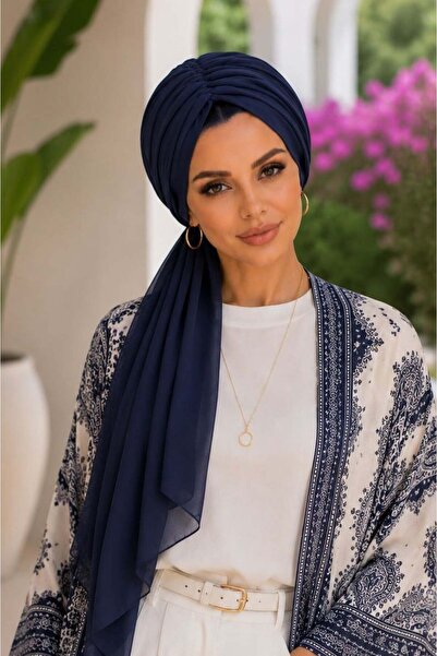 Aişe tesettür Navy Blue Chiffon Gathered Scarf Bonnet
