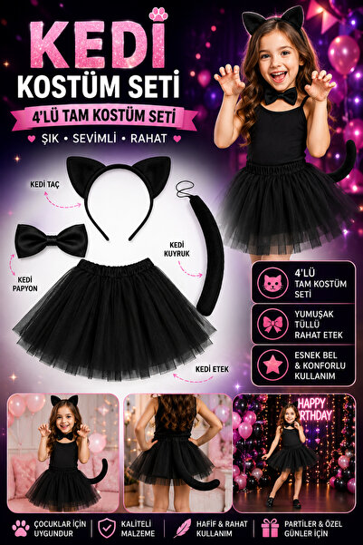 Tamsena Store Kedi Kostüm Seti Siyah Çocuk Tütü Etek Taç Kuyruk Papyon 4’lü P...