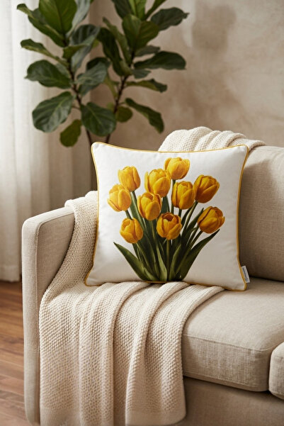 Rayda Home Decorative Floral Patterned Yellow Tulip Throw Pillow Cover Modern...