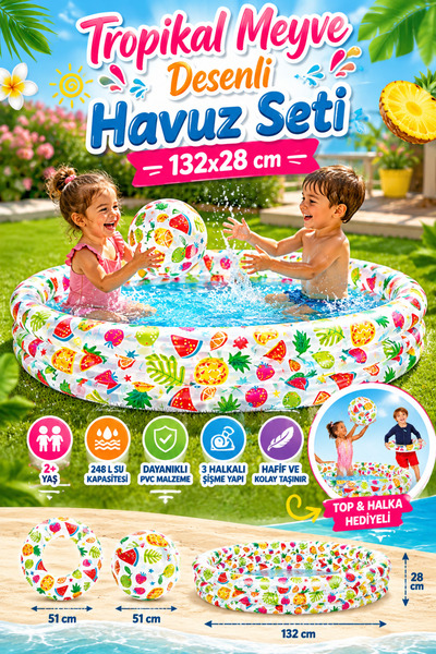 craftivio Tropikal Meyve Desenli 3'lü Şişme Çocuk Havuzu Seti Top ve Simit He...