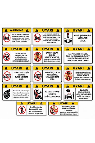 MİNUZ Araba Sticker Oto Etiket Espirili Araç Yazısı 14lü Paket 10x5 cm Suya D...