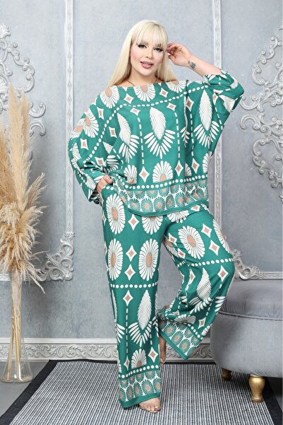 Tubik Women's Wide Cut Crew Neck Patterned Top and Bottom Tunic Pants Set