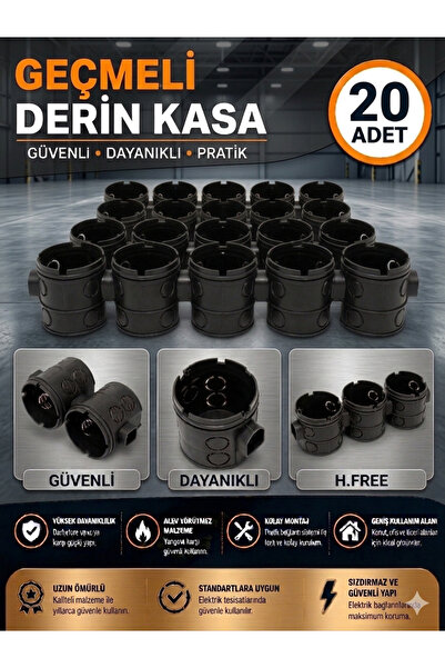 HaMiVu 20 ADET Derin Geçmeli Kasa Kapaksız Sıva Altı Priz Ve Anahtar İçin Siy...