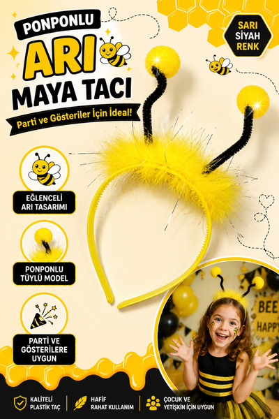 Tamsena Store Sarı Siyah Ponponlu Arı Tacı Çocuk Parti Gösteri Saç Tacı Tüylü...