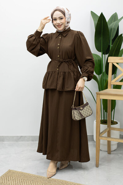 Tesettür Dünyası Ruffle Detailed Waist Drawstring Skirt Suit Tsd260220 Brown