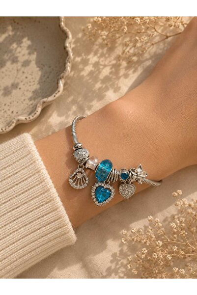 mz mazalinda Women's Charm Bracelet Steel Handcuff Bracelet Blue/Pink Heart S...