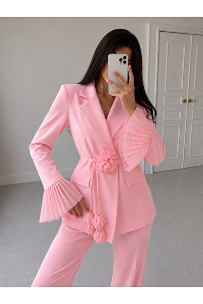 Ekim Store Floral Lace-Up Sleeves Tulle Blazer Suit