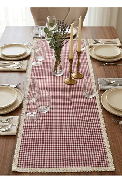 denizli hatırası Colorful Pöti Checkered Cream Laced 45X115 cm Runner