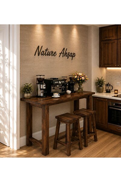 NATUREE AHŞAP Özel tasarım yüksek bar masası doğal ahşap 2 tabure(yükseklik 1 m)