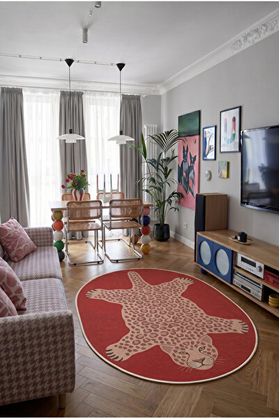 Arteluna Home Leopar 03 Kırmızı Pembe Leopar İnce Vintage Görünüm Şönil Dokum...
