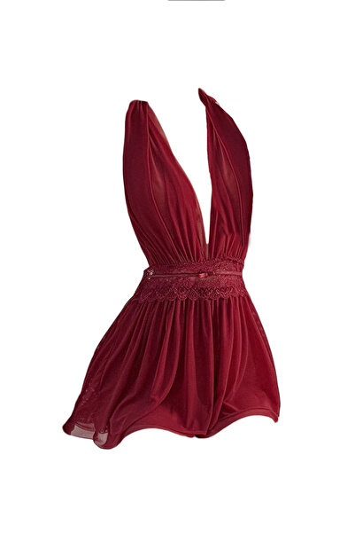 Generic Elegant Burgundy Sheer Mesh Nightgown, Modest Deep V Neck Lace Waist ...