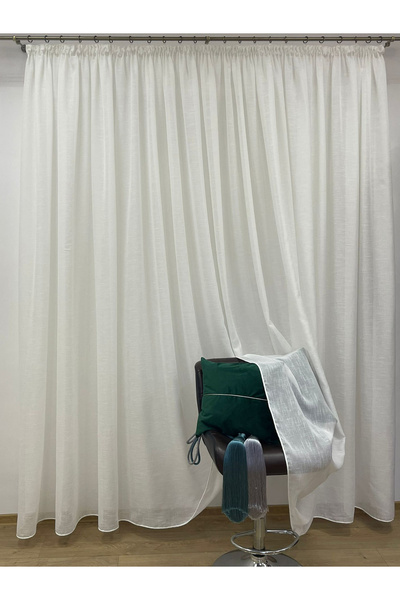 Liz Line Embroidered linen curtain, with small stripes, white and ivory color...