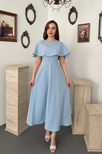 Elbee Fashion Woman Bebe Mavi Taş detaylı pelerinli elbise