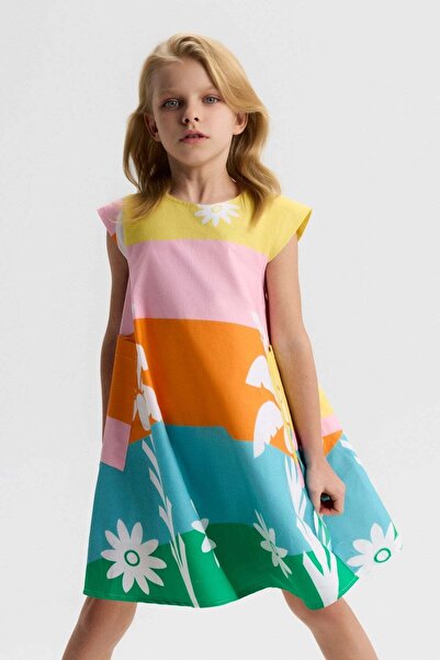 nk kids Kız Çocuk 4-8 Yaş Cep Detaylı Renkli Poplin Elbise Renkli