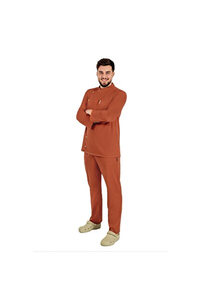 RUNI Uniforma bucatar caramel tip tunica cu maneca lunga, capse