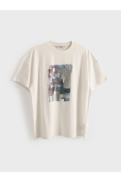 LC Waikiki Tricou de damă cu guler rotund cu imprimeu supradimensionat