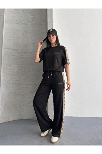mylunessa Black Triangle Side Detailed Short Sleeve Modal Tracksuit Set