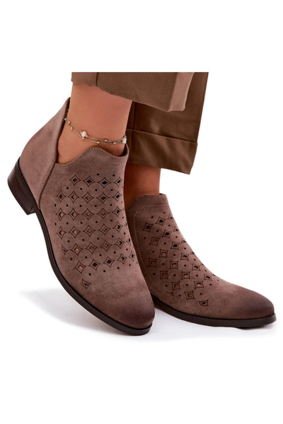 Vinceza Women's Openwork Ankle Boots Flat Heel 58626 Dark Beige 40