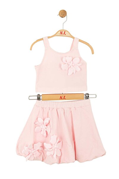 nk kids Nk Kız Çocuk Çiçek Detaylı Kolsuz Takım 4-8 Yaş PEMBE