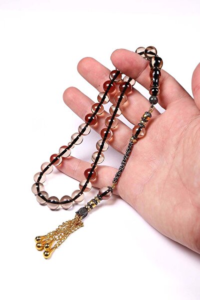 TESBİHKENTİ سبحة خرز من العنبر الناري الشفاف على شكل كرة ذهبية مميزة