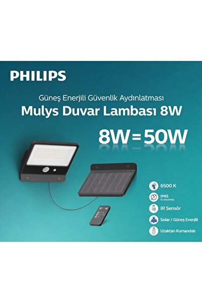 Philips 8W=50W 865 1000LM Mulys Sensörlü Kumandalı Solar LED Projektör