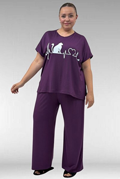 Eslina 67804 Large Size Combed Cotton Pajama Set with Side Slits - Plum