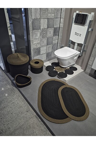 BHR Creative Ades Jute Bathroom Set, Mat Set, Trash Can, Toilet Seat Mat and ...