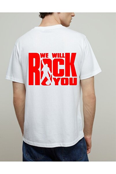 Krays تي شيرت أبيض للرجال مطبوع عليه We Will Rock You على الظهر وشعار Queen ع...
