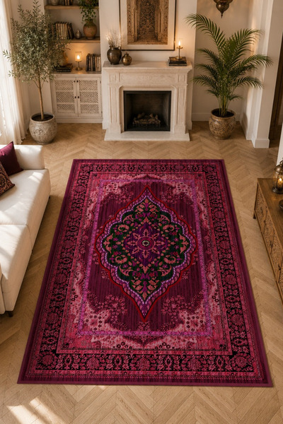 DERAS HOME Dijital Baskı Yıkanabilir Kaymaz Taban Etnik Desen Vintage Salon H...