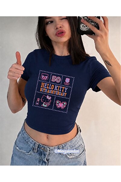 Minga London Țesătură țesută cu imprimeu Hello Kitty, albastru marin, model crop