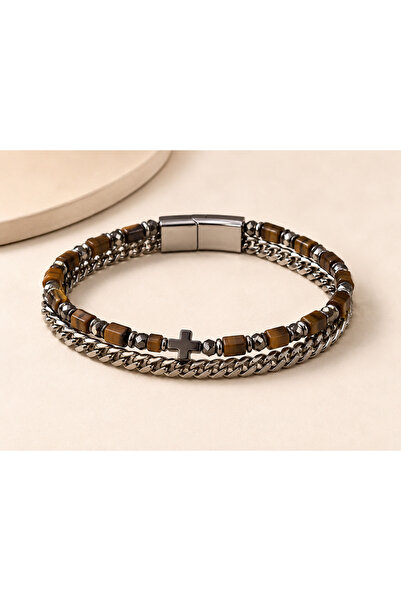 OEM Premium Men's Bracelet 20 cm Stainless Steel with Cross and Natural Eleme...