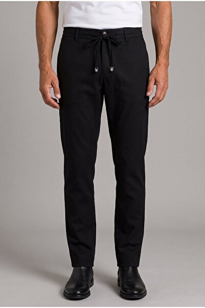Bisse Black Linen Jogger Drawstring Sports Pants