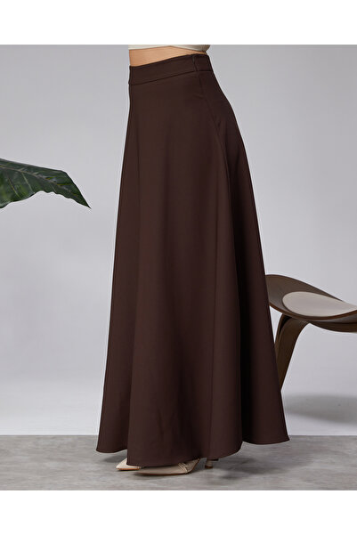 Modabenna Brown Dabıl Thick Crepe Fabric Long Skirt with Belt
