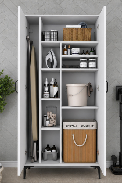 Rani Mobilya Rani KC103 Banyo Dolabı 2 Kapaklı 7 Raflı Çok Amaçlı Dolap Beyaz