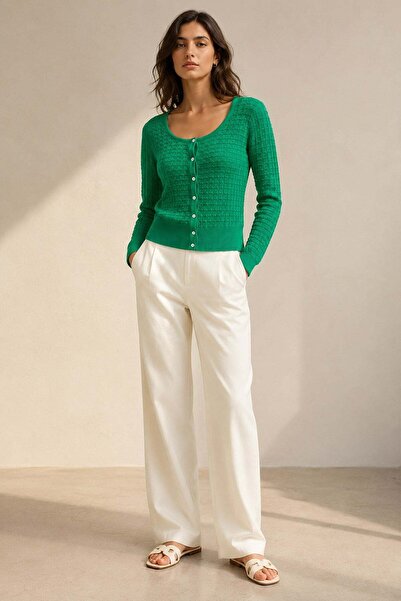 Ferraro Green V-Neck 100% Organic Cotton Buttoned Knitwear Cardigan