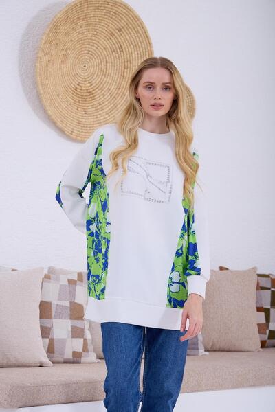 Moodbasic Desenli Saten Detaylı Krep Tunik - Yeşil