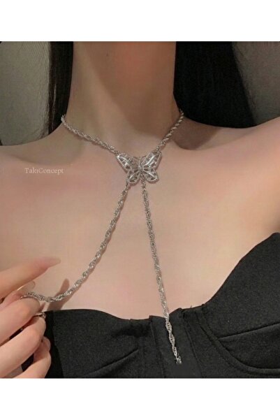 TakıConcept Kelebek Detaylı Işıltılı Burgu Zincir Choker Kadın Kolye