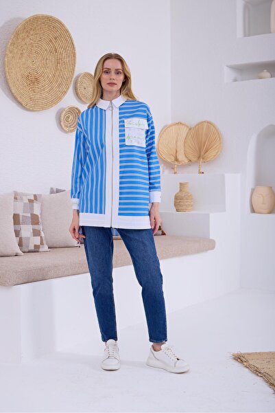 Moodbasic Baskı Detaylı Çizgili Gömlek - Mavi