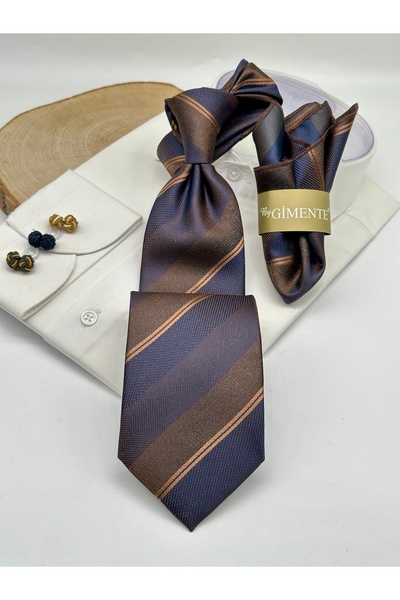 Gutiero Classic Tie with Brown Striped Handkerchief
