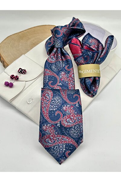 Gutiero Red Navy Blue Shawl Patterned Classic Tie with Handkerchief