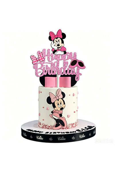 Baloane Vesele Topper Tort Minnie Mouse Happy Birthday Roz cu Sclipici TOP213