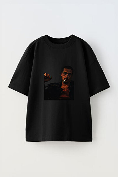 Anetos Tyler Durden_1 Tricou oversize negru din bumbac cu imprimeu frontal