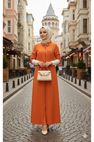 Moodbasic Beli Lastikli Fermuarlı Paraşüt Elbise - Turuncu