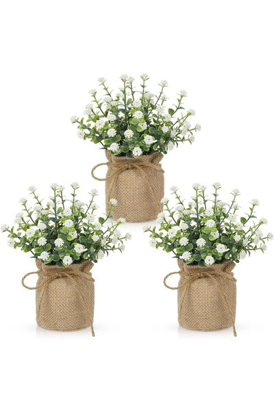 Arabest 3-Piece Artificial Mini Potted Baby’s Breath Flowers,Faux Greenery wi...