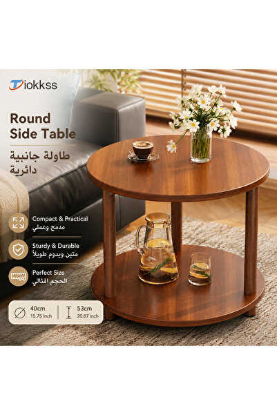 Tiokkss Round Wooden Side Table, 2-Tier Storage Coffee Table, Compact Sofa Si...