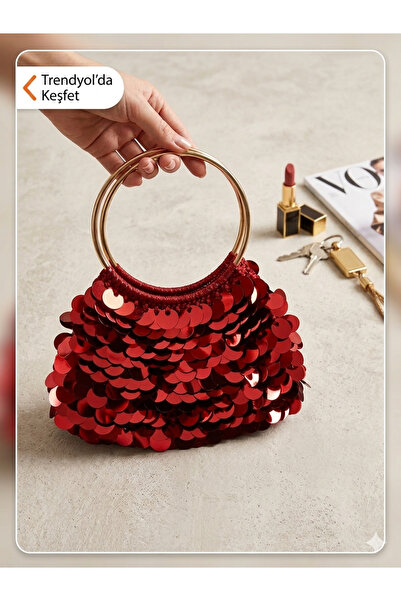 La Creafile El Örgüsü canta Pullu kırmızı rengi 14 cm x 22 cm altın saplı